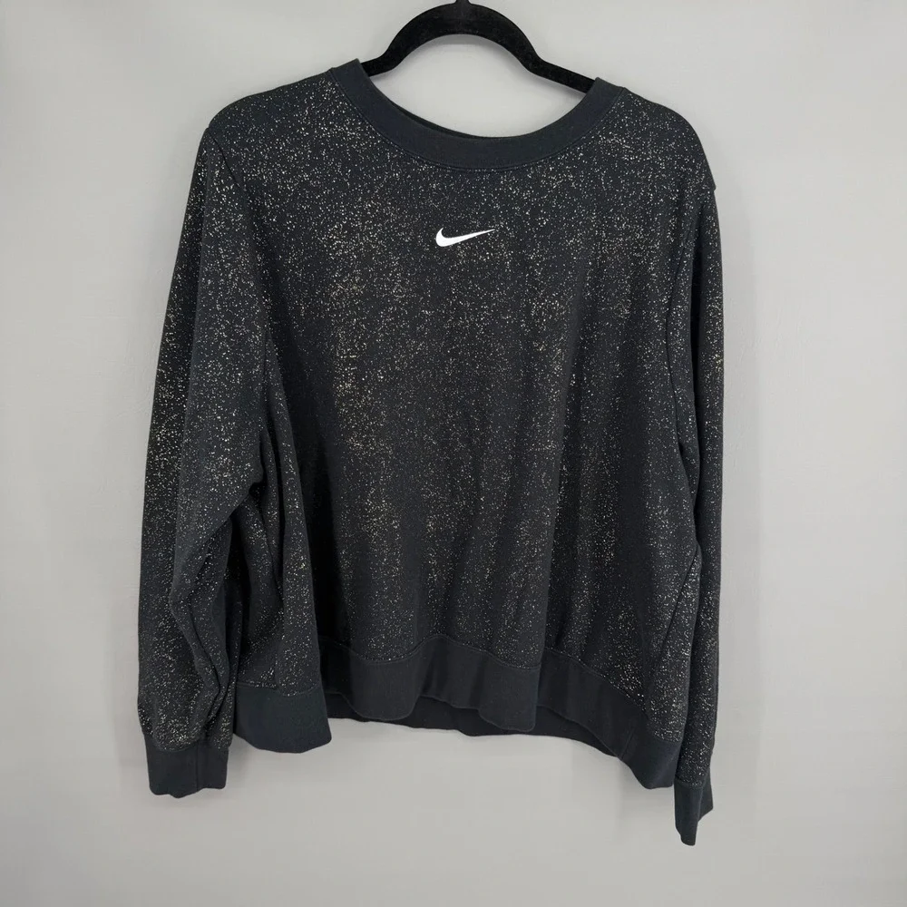 Nike Sweatshirt Womens 2X Black Stardust Gold Metallic Fleece Crewneck‎ Sporty